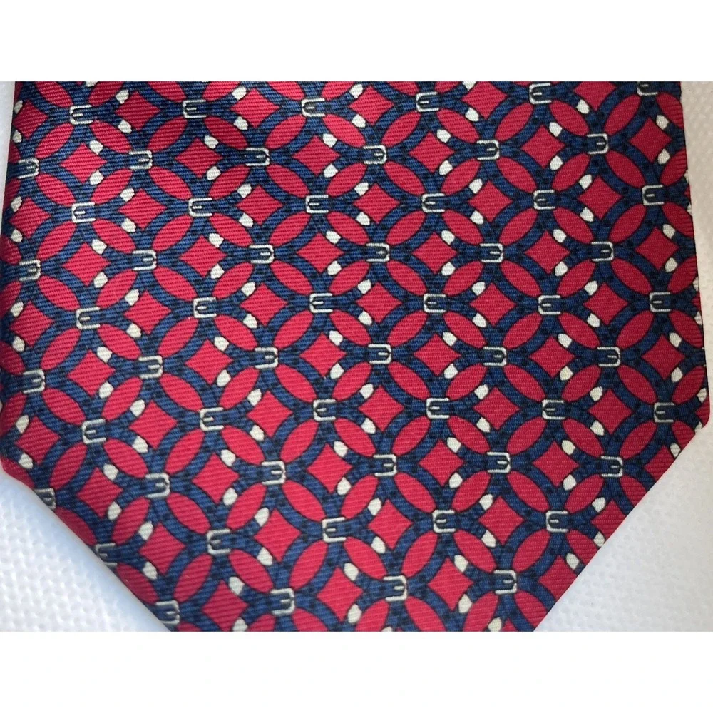 Burt Pulitzer Geometric 100% Silk Tie Red and Navy with Buckle Motif Vintage 90s